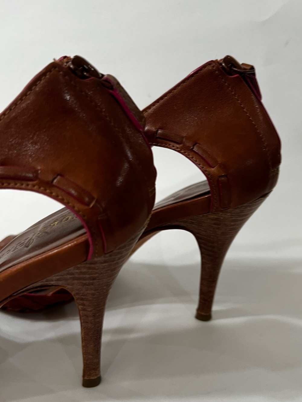 Cole Haan Brown Leather Huarache Heels Sandals Pink Trim Open Toe Heels Size 6.5 - Picture 7 of 9